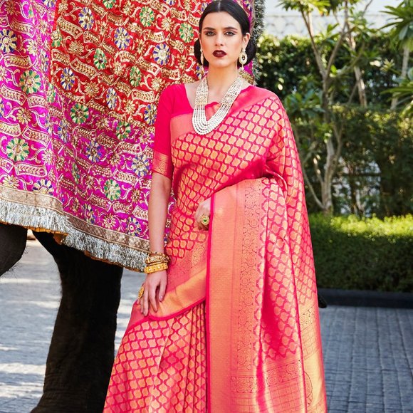 JHEAPS HOT PINK GOLD HANDLOOM SOFT SILK KANJIVARAM WOVEN  SILK SAREE - Picture 4 of 7